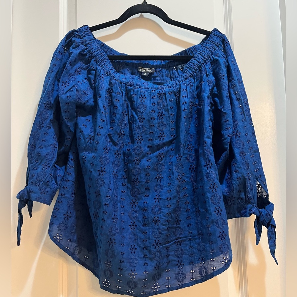 Lucky Brand off shoulder eyelet Royal Blue Top tie on sleeve Medium top